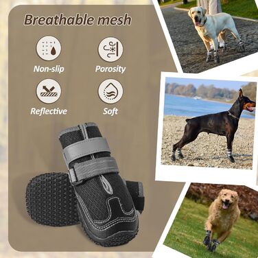 Водонепроникні чоботи для собак з світловідбиваючими ременями, антиковзка гумова підошва, захист лап, для малих, середніх та великих собак (L, B-Чорний-дихаючий)
