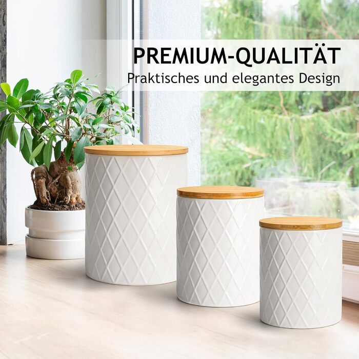 Набір з 3 вазок для зберігання Miamio Palmanova, кераміка з дерев'яним кришкою, білий колір