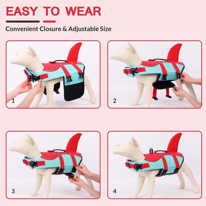 Спасальний жилет для собак у вигляді акули, XL (2XL), червоно-зелений. Безпечний та легкий жилет для водних розваг з ручкою та світловідбиваючими елементами для собак маленьких, середніх та великих порід.