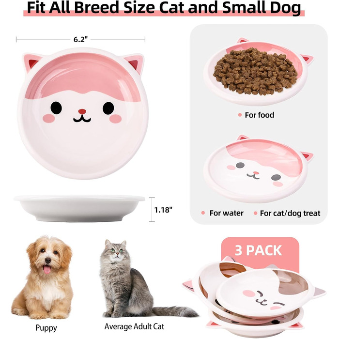 Набір мисок для котячого корму та води з кераміки, 3 шт. - здоровий вибір для сухого та вологого корму. Широкі, плоскі миски для котів, що зменшують дискомфорт від вусів, з неслизьким дном.