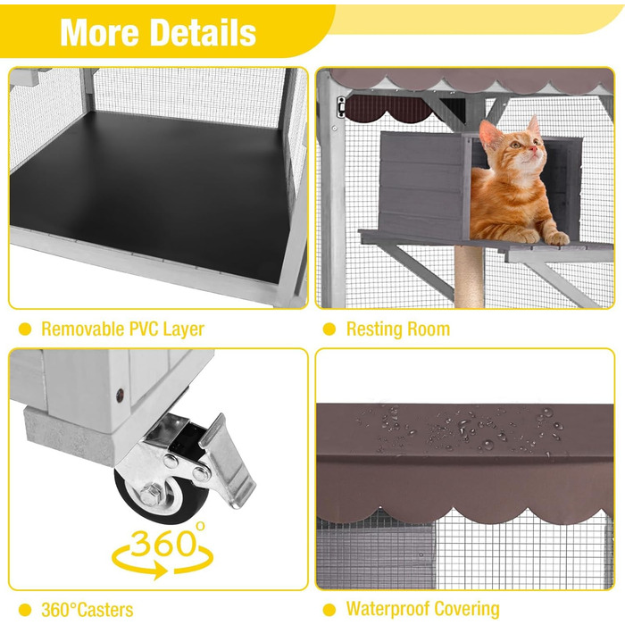 X-ZONE Кiтiо для кота на колесах: будиночок з ліжком, когтеточкою та платформами, водовідштовхувальне покриття (сірий), 80x80x182.5 см