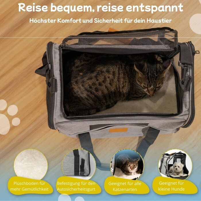 TREKAM Транспортний бокс для котів та маленьких собак з мискою, ковдрою, ременем на плече та м'якою підкладкою - для автомобіля та літака