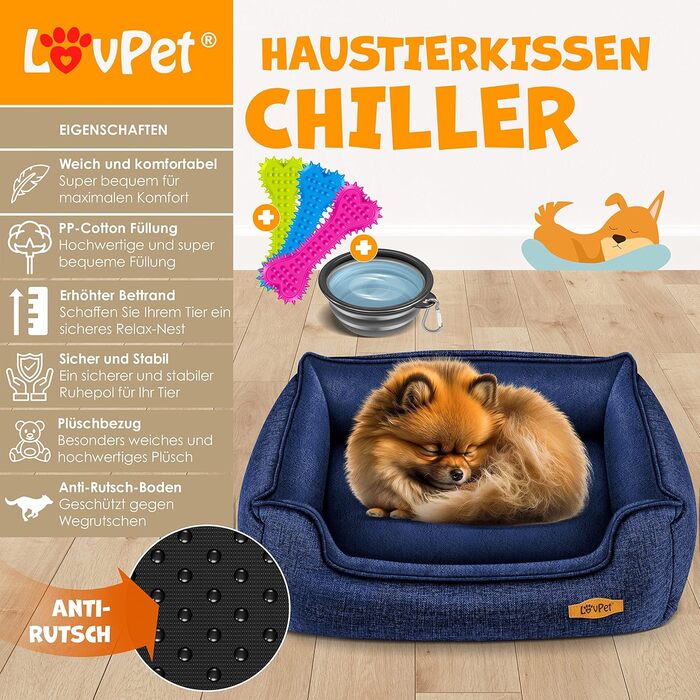 Лежак для собак Lovpet XL 110x75x27 см, комплект з мискою та 3 кісточками, знімний і праний чохол, для малих, середніх і великих порід, темно-синій