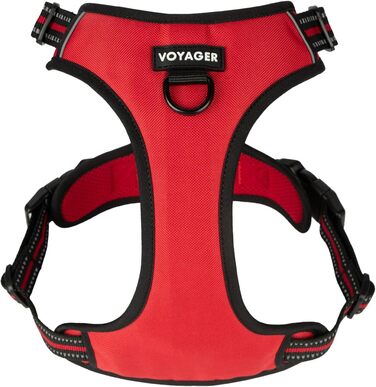 Регульована шлейка для собак Voyager Von Best Pet Supplies з 3M-рефлектором, подвійне кріплення, проти ривків, червона