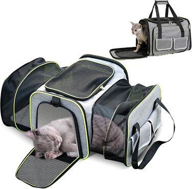 PETCUTE Транспортна сумка для кота, розкладна, з м'яким флісовим ліжком, 2 сторони відкривання, дихаюча сумка-переноска для кота з бічними кишенями, схвалена авіакомпаніями, світло-сіра, M