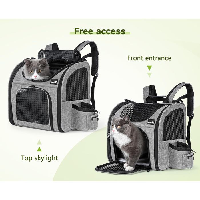 ПЕКЮТ Рюкзак для тварин з сіткою, переноска для кота/собаки, дихаюча та легка, водонепроникна, сіра (M)