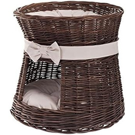 Кішка Будинок Круглий з Плетеної Лози Венге-Сірий, Двоярусний Корз для Кішки з Подушкою та Стрічкою, Кішка Тур, Темно-Коричневий_Бежевий