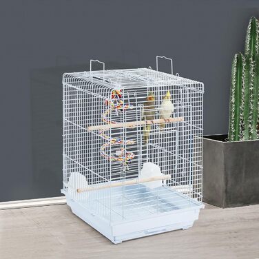 Клітка для птахів Yaheetech з іграшками, біла, 40x40x58 см – для хвилястих папуг, корел, амадин і папуг, з дахом