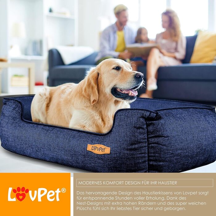 Лежак для собак Lovpet XL 110x75x27 см, комплект з мискою та 3 кісточками, знімний і праний чохол, для малих, середніх і великих порід, темно-синій