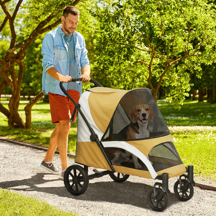 Складаний візок для собак середніх порід, собачий buggy на 4 колесах із безпековим повідцем та гальмами, коричневий