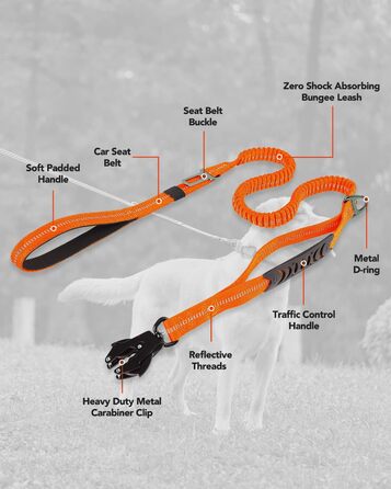 Тактична повідок для собак Joytale, 1.2м-1.8м, еластична (bungee), з 2 м'якими ручками, автофіксатор, без натягу для собак середніх, великих та екстра-великих порід, помаранчевий колір