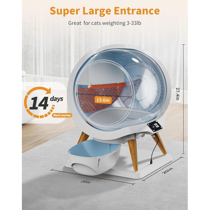 Автоматичний лоток для котів HoneyGuaridan SL900 з самоочищенням, 63л, з підключенням до додатку, сенсорами та подвійним живленням