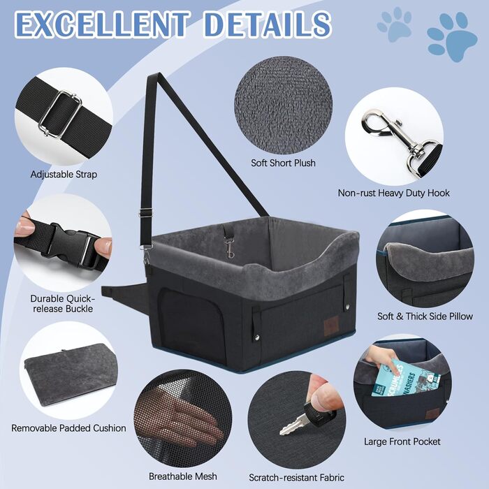 Автокрісло для собак PetsHome, чорне: знімний, миючий, з кишенею, для маленьких тварин