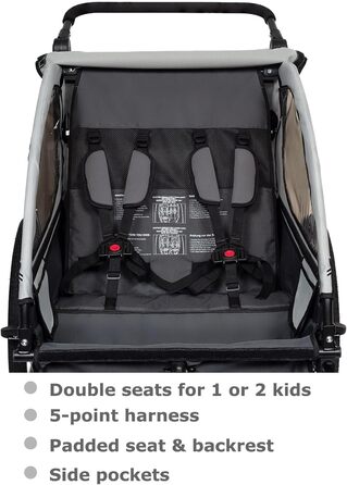 Дитячий велосипедний причіп Tiggo VS 2в1 з амортизацією та поворотним з'єднанням 360° - сірий (для 1-2 дітей, до 40 кг)