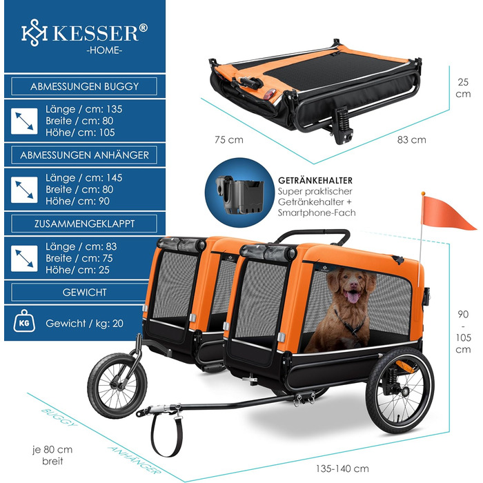 Великий велосипедний причіп для собак KESSER Boxer 3в1, 240 л, амортизований, матеріал Оксфорд 600D, для великих порід, до 40 кг, із підстаканником