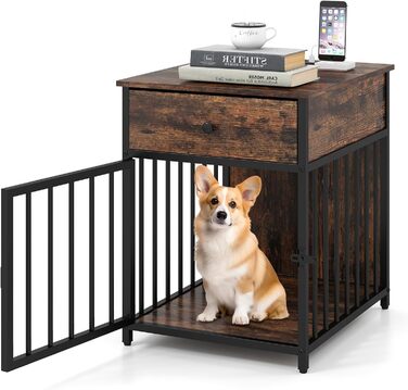 Клітка для собак COSTWAY з зарядною станцією, ящиком та металевими трубами, вінтажний колір, 50x60x64 см