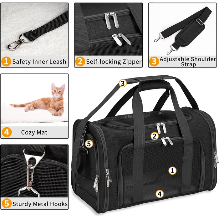 Транспортна сумка для котів/собак/домашніх тварин, складна, для великих котів/маленьких собак, з плечовим ременем та знімною підстилкою, сітчаста переноска для цуценят, до 7,3 кг, чорний колір, розмір M (43*28*28 см)
