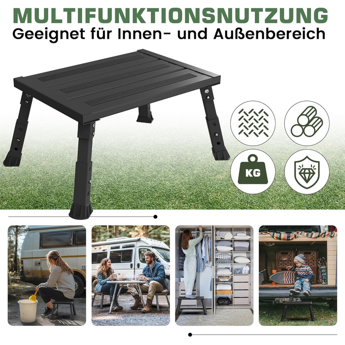 Алюмінієва розкладна сходинка-підставка, 300 кг, 3 сходинки, регульована висота, широка антиковзка поверхня, для автодому, саду та сходинок для собак, легка та складна (Чорний)