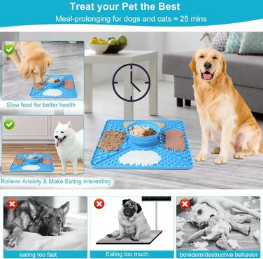 Лежак-лежак для собак VOOWO 2-в-1, миска для повільного годування, миска для їжі та води, силіконовий килимок для собак з присосками, великі та середні породи, блакитний