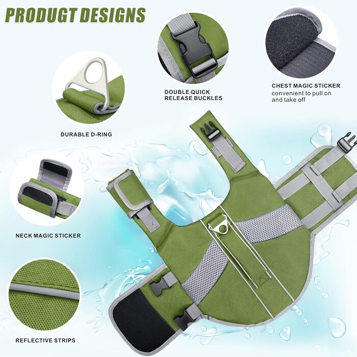 Рятувальний жилет для собак з високою плавучістю, світловідбиваючий, для плавання, катання на човні, серфінгу, каякінгу. Підходить для собак маленьких, середніх та великих порід. Зелений колір.