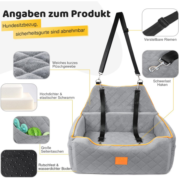 Зручний собачий сидіння для великих та середніх собак, до 25 кг, знімний та пральний, з товстими подушками та кишенями для зберігання (сірий)
