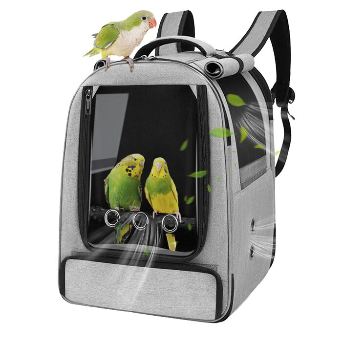 Рюкзак-переноска для птахів Vogel-Rucksack з лотком, жердочкою та годівницею, водонепроникний килимок, сірий, для папуг та середніх птахів