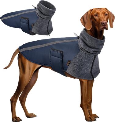 Зимова куртка для собак SlowTon з флісу, водонепроникна та вітронепроникна, з нашийником-гетром та світловідбиваючими смугами, регульована, для цуценят (Темно-синій, L+)