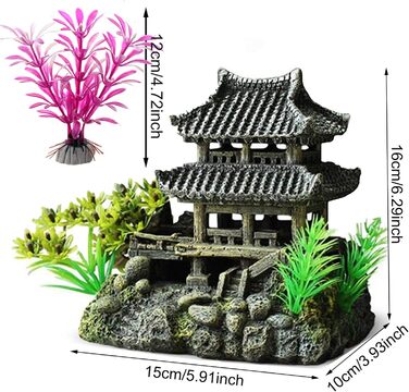 Декорація для акваріума ODOOKON: Стара будівля в східному стилі, 5 штучних рослин, 16x15x10 см
