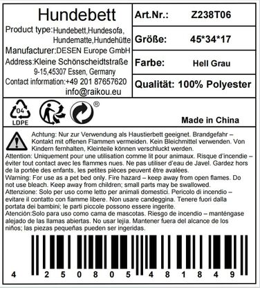 Кругле лежанка для собак середнього розміру Raikou, м'яка та зручна, з антиковзким покриттям. Підходить для собак та котів, сірого кольору (45 x 34 x 17 см)