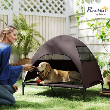 Лежанка для собак PawHut Outdoor з дахом, підняте ліжко для середніх собак, ліжко для домашніх тварин з охолоджуючим ефектом та знімним м'яким матрацом, сталевий каркас, переносна сумка, для вулиці та кемпінгу, 76x61x71 см, колір кавовий
