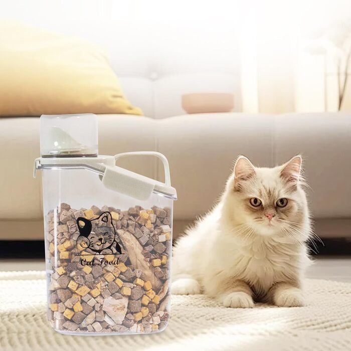 Контейнер для котячого корму 2.8L: герметична вантажниця для сухого корму з ручкою та мірним стаканчиком, BPA-free, прозора, для подорожей, 1391-Cat