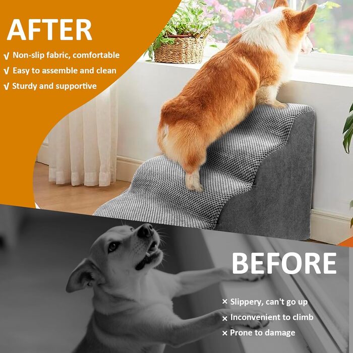 Сходинка для собак, ліжко, 5 сходинок, для маленьких собак, знімний чохол, неслизьке дно, для ліжка, дивану, авто (сірий, 4, L)