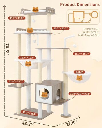 Дерев'яний когтеточка Heybly Kratzbaum 179 см з будиночком та гамаком, HCT121WB (Вінтаж-Сірий)