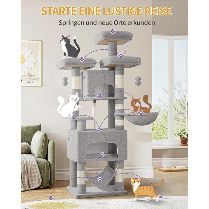 Кігтеточка для котів Hzuaneri, 176 см, XL, 3 платформи, 2 печери, 7 стовпчиків, гамак, плюшеві кульки, для багатокотових сімей, MS17618SG (Світло-сірий)