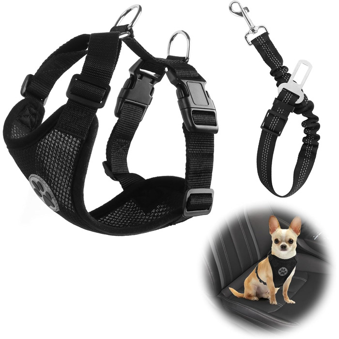 Нашийник для собак NiCola з кріпленням для автопасків, чорний. 2 шт., регульований, для подорожей та повсякденного використання (XS)