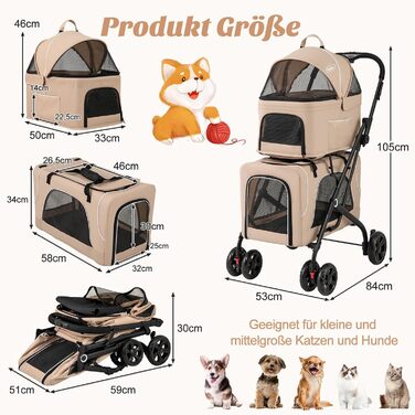 Візок для собак COSTWAY 3 в 1, візок-переноска для тварин з сіткою, кишенями та подушками, Оксфорд та метал, до 16 кг, для собак, котів та інших тварин (Бежевий)