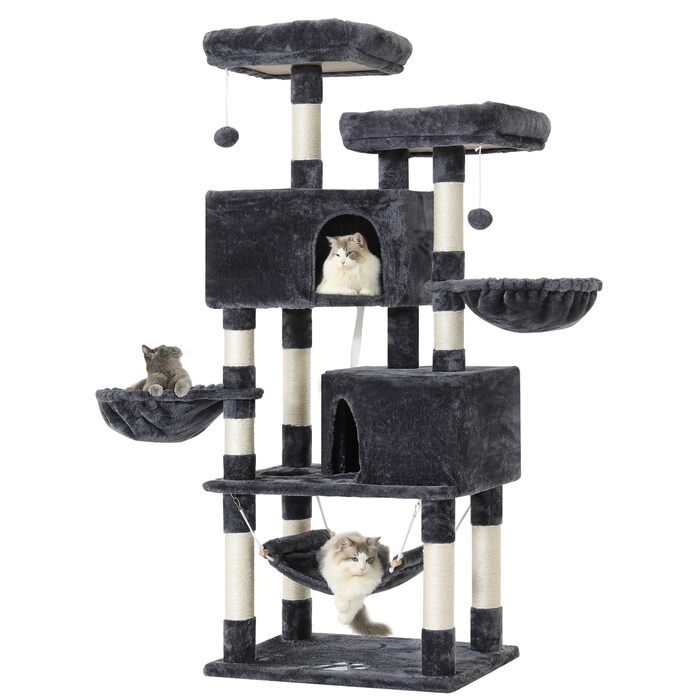 Котячий будиночок MSmask з великою печерою та стовпцями з сизалю, когтеточка для великих котів, сірий