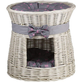 Кругла котяча хатинка e-wicker24 з плетіння, двоярусна, з подушкою та бантиком, котячий будиночок (кремово-сірий)