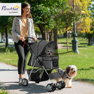 PawHut Складаний візок для собак, візок для домашніх тварин, маленький візок для собак з регульованим дахом, кошик для зберігання, сітчасті вікна, тримачі для чашок та колеса, 75x45x97 см, темно-синій, темно-сірий