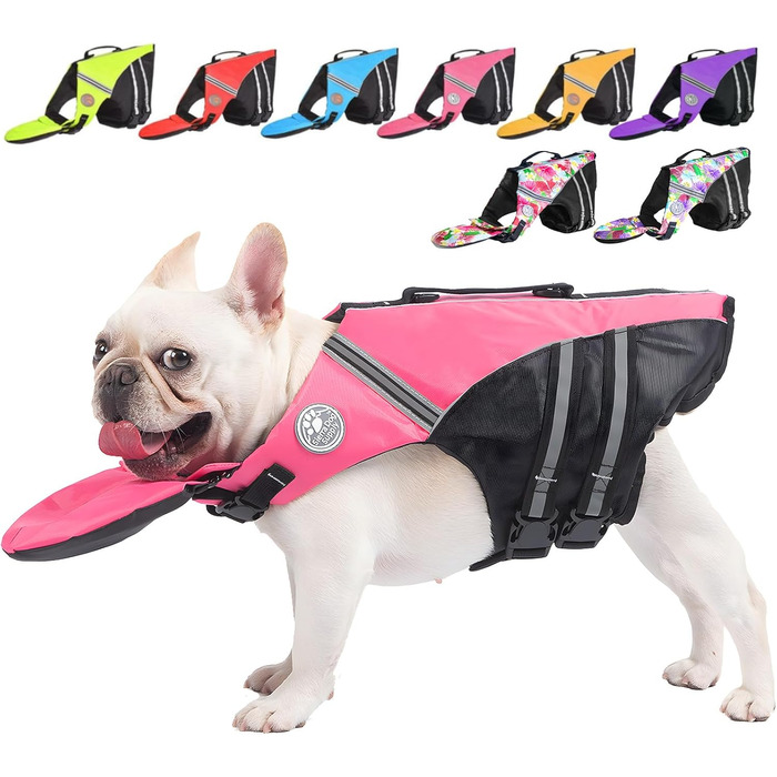 Жилет для плавання собак Французького бульдога, жилет для плавання, катання на човні, з поплавком на підборідді та рятувальним гачком, високий клас (обхват грудей: 43,2 см - 76,2 см), рожевий