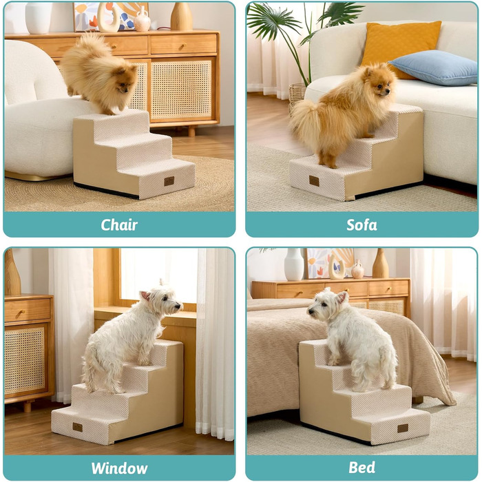Сходинка для собак маленьких порід, 3 сходинки, знімний чохол, 60x5x5 см (бежевий), 40x45x35 см
