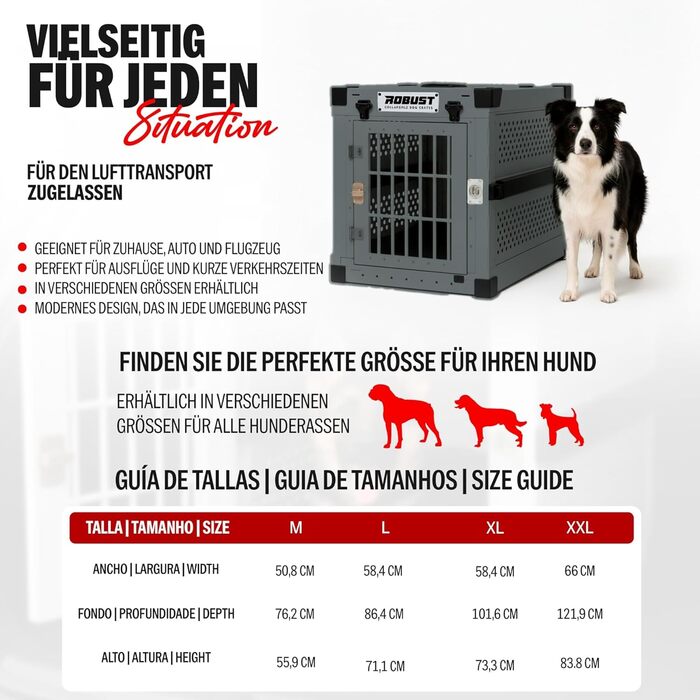 Міцна переносна клітка для собак Robuste Hundetransportbox, XXL, сірий колір. Підходить для різних порід собак, зручна для транспортування в авто, для дому та подорожей.