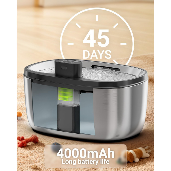 Джерело води для собак з LED-сенсором, фонтанчик для котів бездротовий, 4-шарова фільтрація, нержавіюча сталь, 5.0L