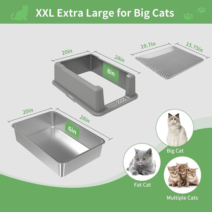 Великий металевий туалет для котів з кришкою XXL 71×51×36 см, нержавіюча сталь, проти протікання, легке очищення, для великих та кількох котів