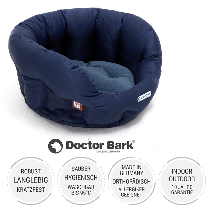 Кругле ортопедичне ліжко-кошик для собак Doctor Bark, маленьке, з двосторонньою подушкою, машинне прання до 95°C, синє, 40x35 см, Німеччина