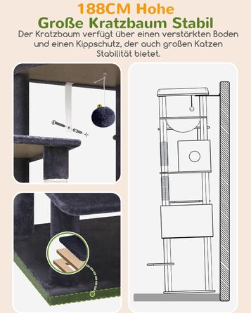 Драбина для котів Globlazer XXL, 188 см, з будиночком, платформами та кошиками. Стабільна, не перекидається, для великих котів. Темно-сірий (S74)