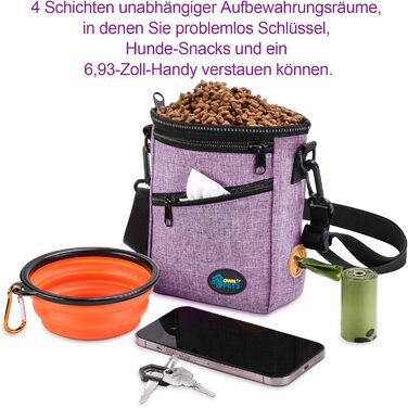 Сумка для ласощів Ownpets для собак, навчальна сумка, сумка для печива, мішок для відходів, складаний миска, регульований ремінь, поясний ремінь та кліп, (фіолетовий)