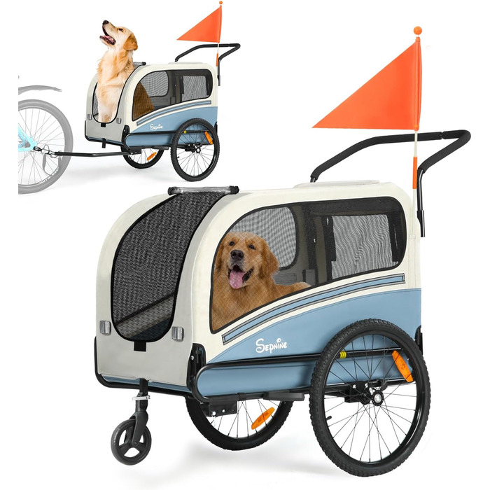 SEPNINE® Причіп для собак XXL 2-в-1 - велосипедний причіп для собак з дахом, відбивачами та штовхачем, до 50 кг, блакитно-білий