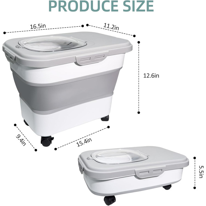 Складаний контейнер для корму для собак та котів, 8 кг, з колесами, сірий