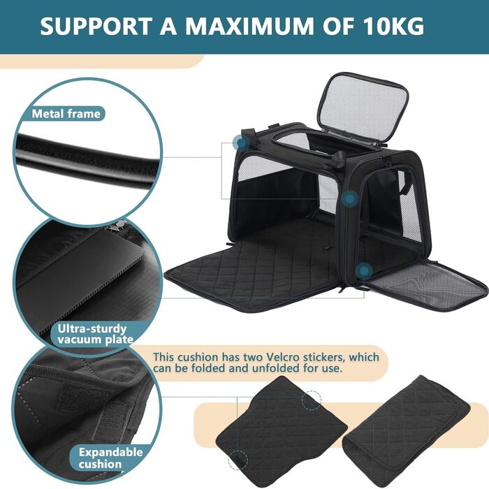 Транспортна сумка для котів та собак Petsfit - складана переноска для тварин з м'яким килимком, 47.5 x 33 x 33 см, чорна